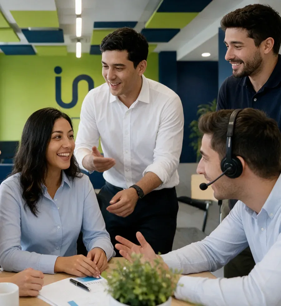 Integra team talking in the office during a hiring meeting