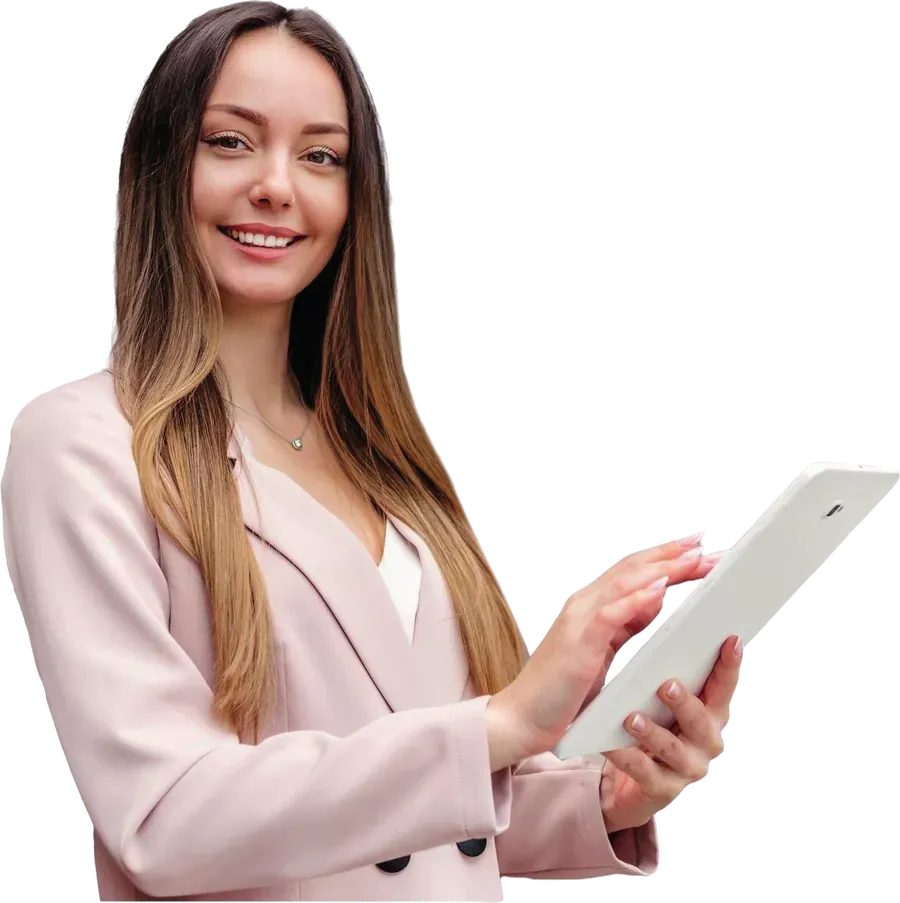 Marketing specialist smiling while using a tablet