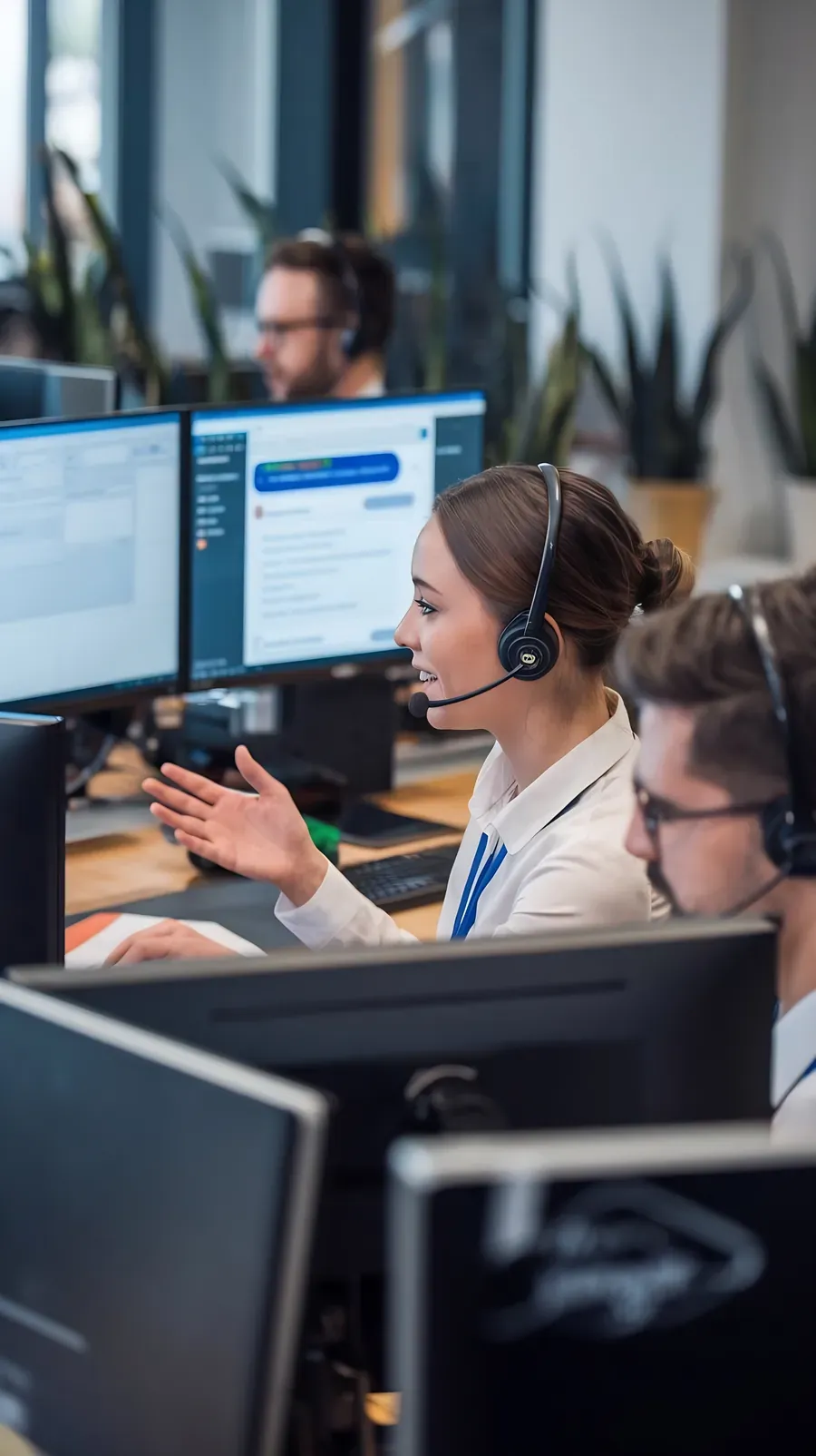Sales agent with a headset taking a call in front of a monitor